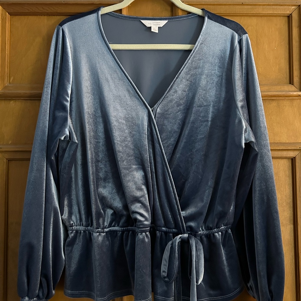 LC Lauren Conrad Shimmering Gray Wrap Blouse